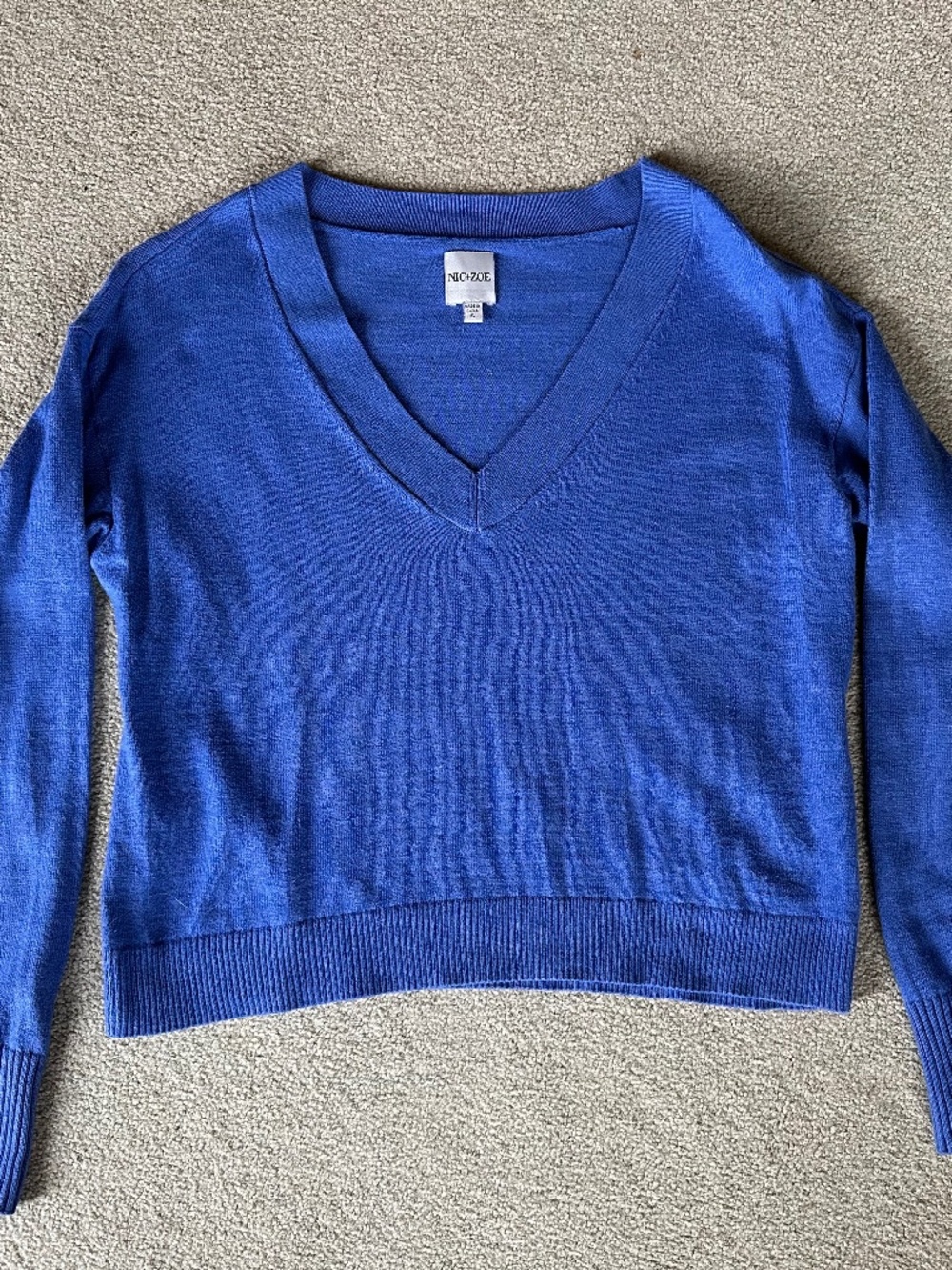 NIC & ZOE Cotton/Nylon Blue V-Neck Sweater Small